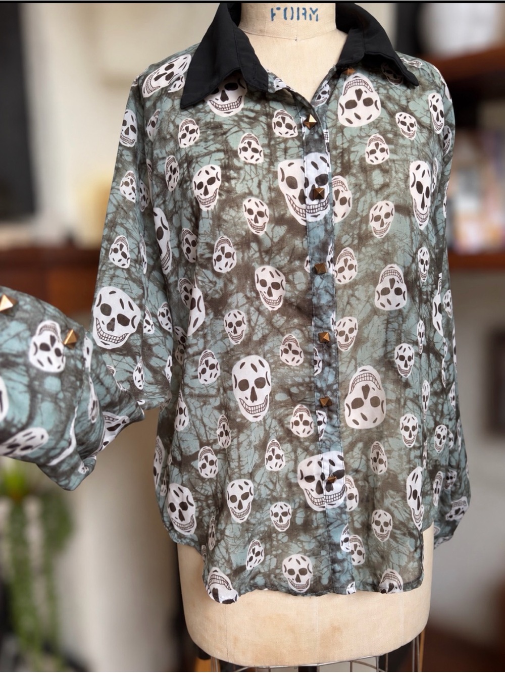 Glam Doll Skull Print Button Front Sheer Top High Low Hem Halloween Goth L